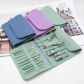 16 Pcs Manicure & Pedicure Kit – Stainless Steel Nail Care & Grooming Set with Travel Case(Random colour)