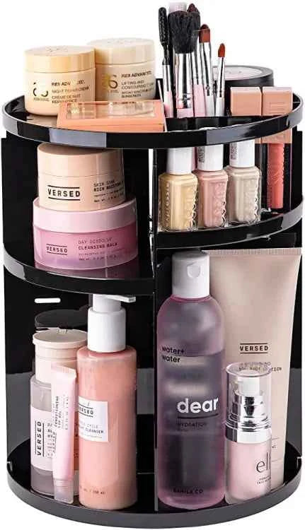 360° Rotating Cosmetic Organizer – Black Makeup Storage Box for Skincare & Beauty Essentials