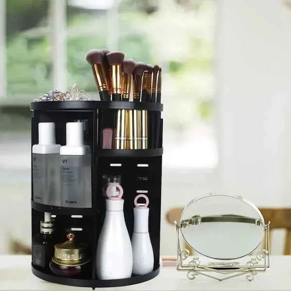 360° Rotating Cosmetic Organizer – Black Makeup Storage Box for Skincare & Beauty Essentials