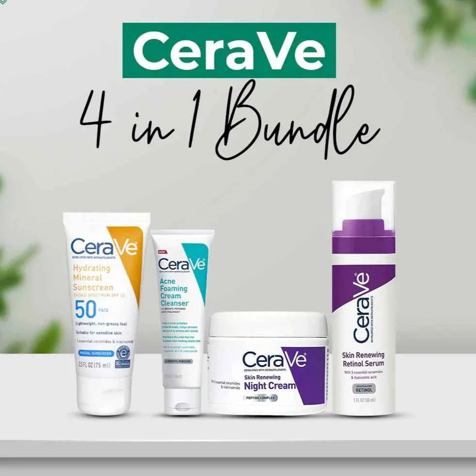 CeraVe Skincare Bundle: 4-in-1 Radiant Skin Night Cream, Sunblock, Cleanser & Serum