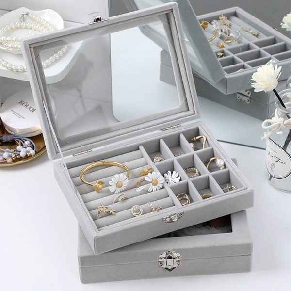 Velvet Jewelry Organizer Box with Glass Cover – Display & Storage for Rings, Earrings, Bracelets