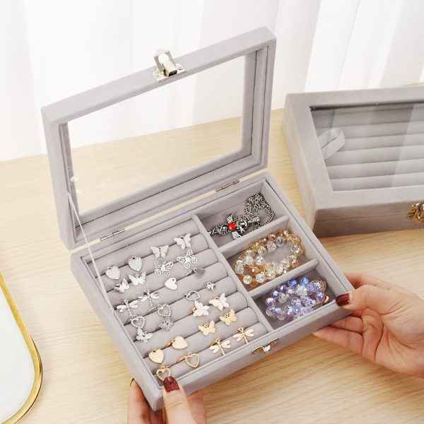 Velvet Jewelry Organizer Box with Glass Cover – Display & Storage for Rings, Earrings, Bracelets