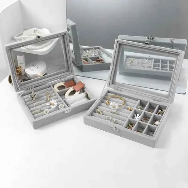 Velvet Jewelry Organizer Box with Glass Cover – Display & Storage for Rings, Earrings, Bracelets